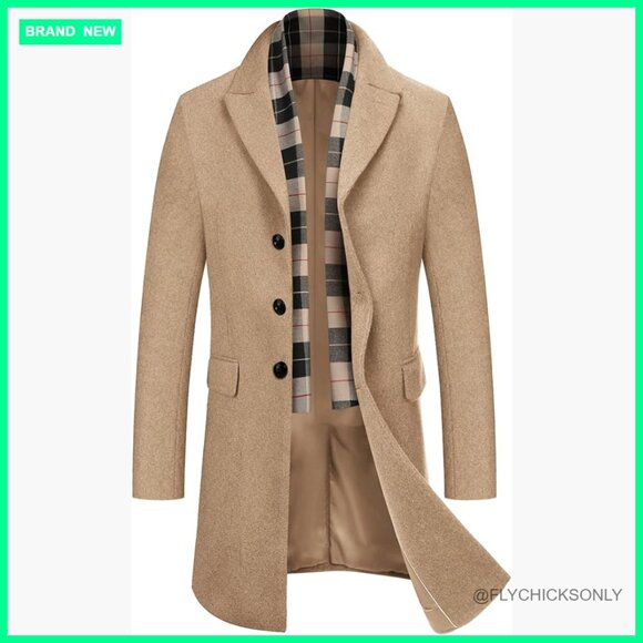 Wool Blend Pea Coat with Detachable Plaid Scarf Notched Collar